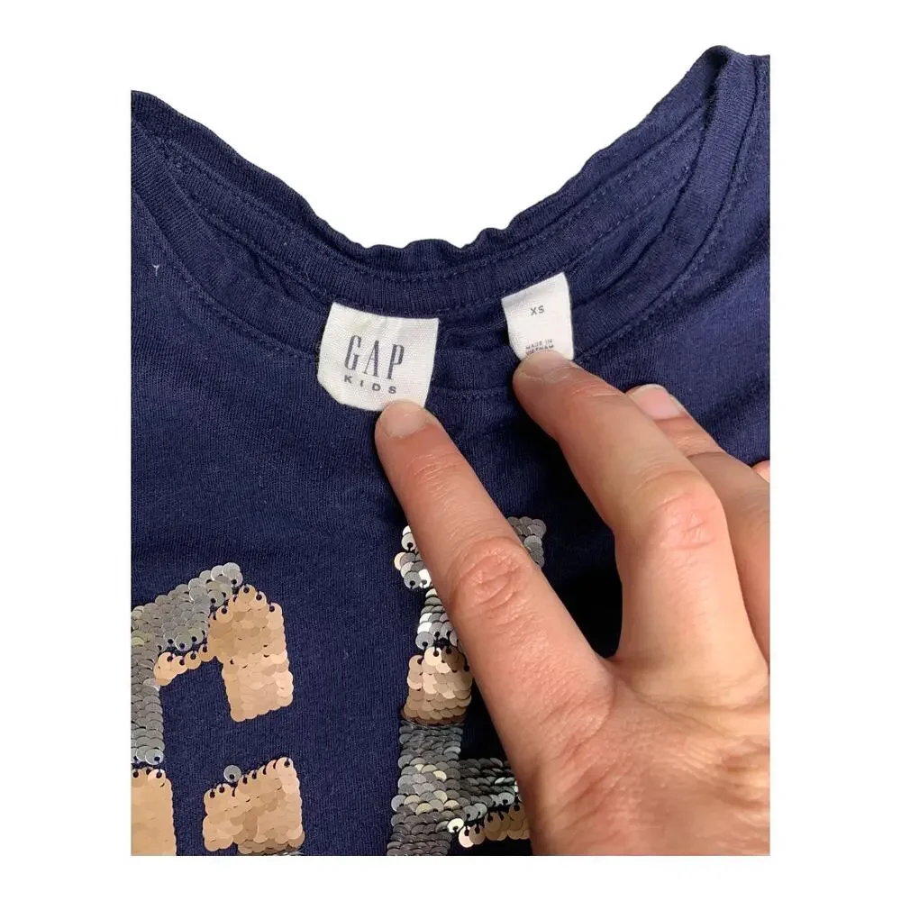 GAP Kids silver and rose gold flip sequin logo blue sleeveless tank XS